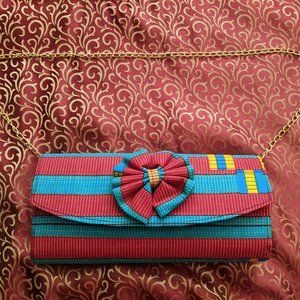 Ribbon Clutch Handbag w Shoulder Chain Strap Purse